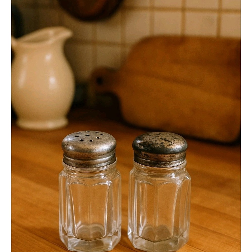 VTG Glass Salt & Pepper Shakers w/ Metal Lids Farmhouse Kitchen‎ Dining Decor